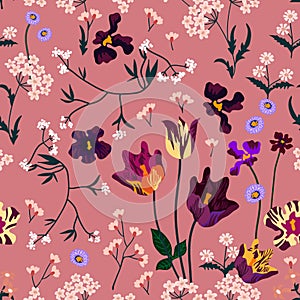 Seamless pattern with tulips and wildflowers. photo